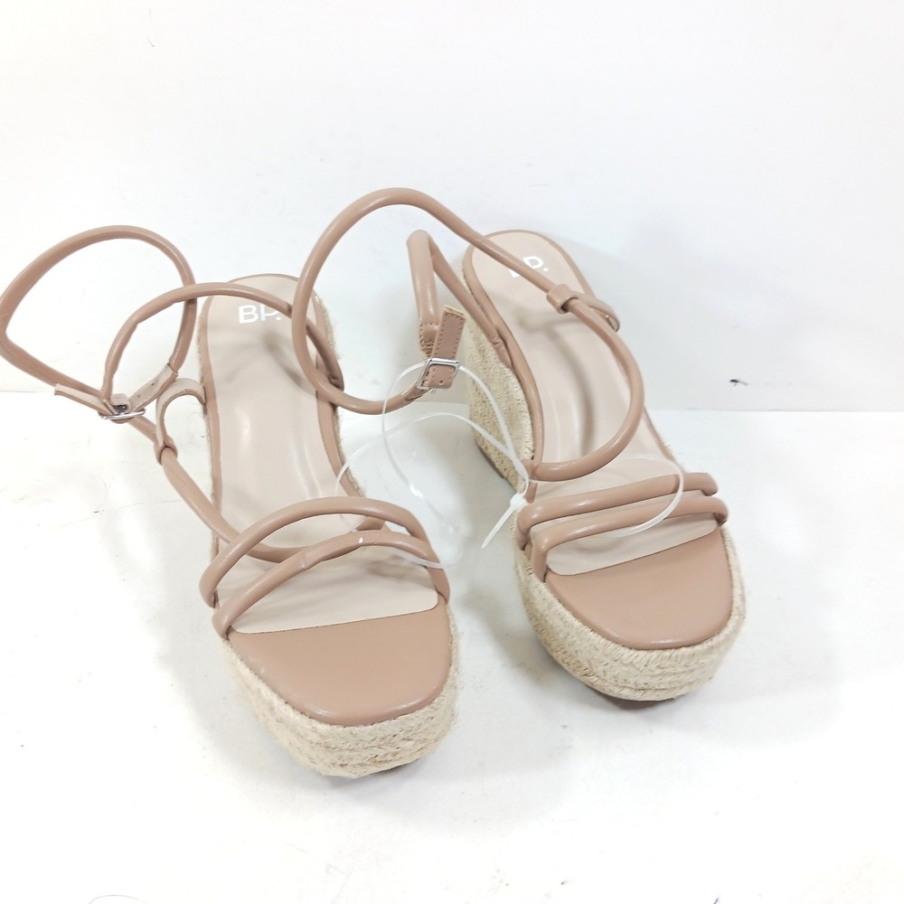 BP. Tan Beige Espadrille Wedge Sandals Platform‎ Strappy Buckle Heel 9.5M